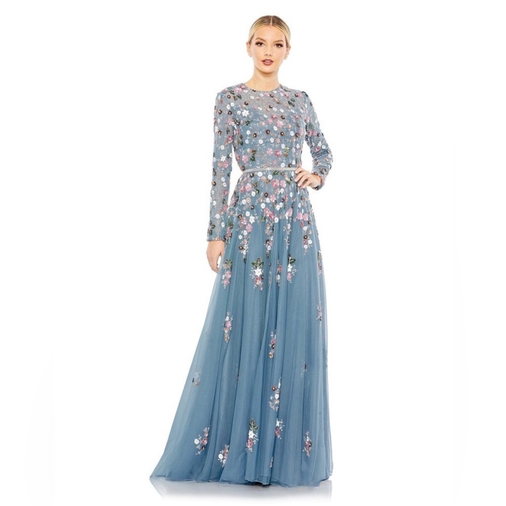 Mac Duggal Dusty Blue Long Sleeve Floral Embroidered Gown